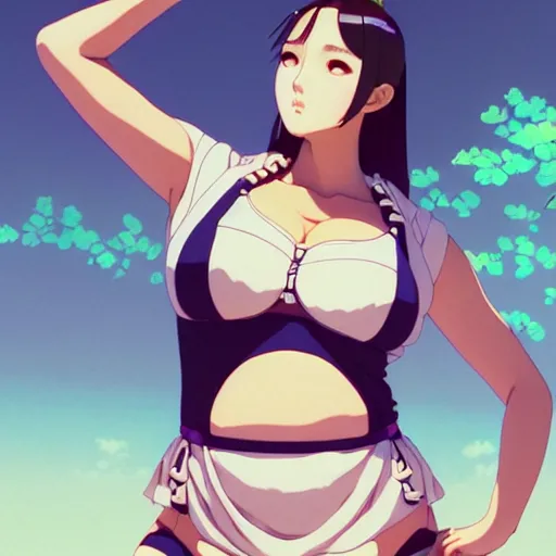 Image similar to a beautiful plus sized model japanese natalie portman, alluring plus sized model, wearing mayan leotard with elegant mayan apron overalls, street fashion hip hop style with mayan patterns, aztec street fashion, gapmoe yandere grimdark, trending on pixiv fanbox, painted by greg rutkowski makoto shinkai takashi takeuchi studio ghibli, akihiko yoshida