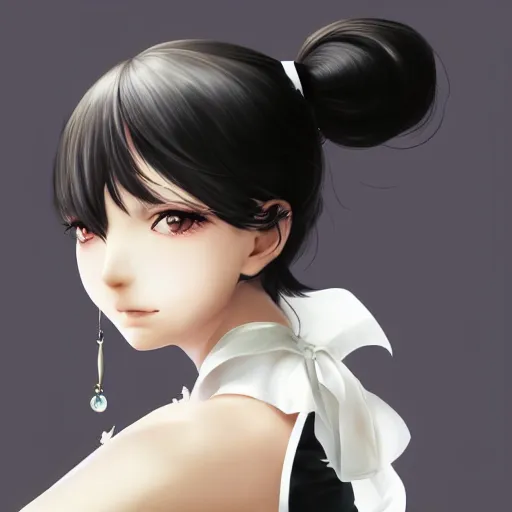 Image similar to luxury advertisement, astonishing portrait of a very beautiful anime high-school girl with black hair ponytail, white ribbon, full perfect face, realistic, highly detailed background, artstation, 120 degree view, drawn by Sasoura, Satchely and Akihiko Yoshida, no distortion