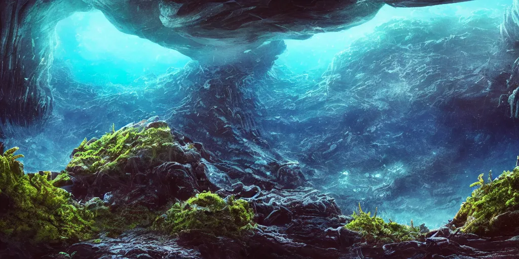 Image similar to vanishing perspective underwater view of the alien landscape on the ocean bed, deep blue ocean color, some plant life, alien landscape, cinematic perspective, cinematic lighting, matte painting, detailed, sci - fi, hdr, 4 k, artstation