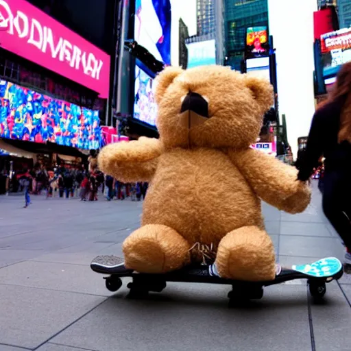 Prompt: A teddy bear on a skateboard in Times Square