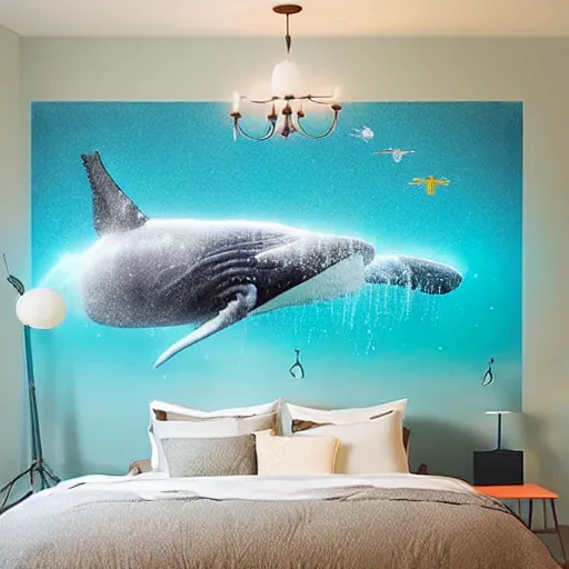 Image similar to photomanipulation of a huge whale that has tiny fairy wings