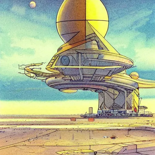 Prompt: [ illustration of a spaceport ] [ gauche watercolour soft beautiful colours ] [ moebius, science fiction art ]