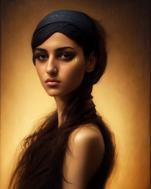 Prompt: a highly realistic, true to life portrait of a beautiful young middle eastern girl, sharp focus, from the waist up, under studio lighting, taken with a canon eos camera with 1 3 5 mm focal length, art by karol bak, james jean, tom bagshaw, trending on artstation,