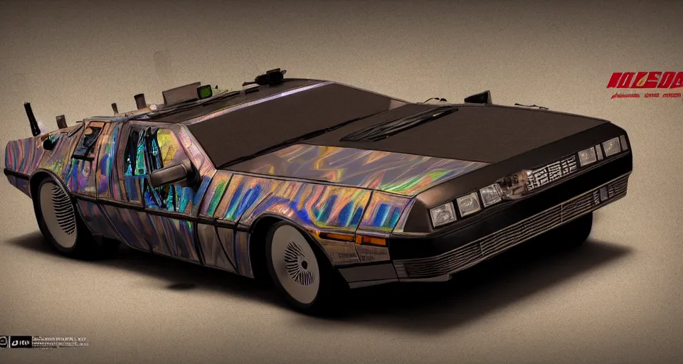 Prompt: Tricked out lowrider delorean, five spike mag wheels, holographic wrap, high detail, photorealism, full length view, very rust, concept art, octane render, 16k, 8k