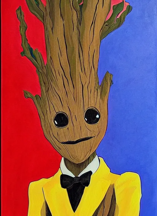 Image similar to painting of the groot as a gentleman wearing tuxedo drinking wine, vivid colors, masterpiece, artwork