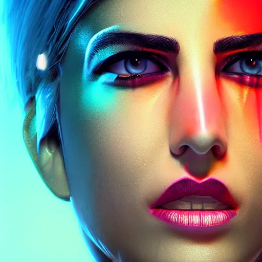 Image similar to Katrina Kaif, neon face tattoo, cyberpunk background, straight hairstyle, white eyes, blonde hair, realistic render, short hair, unreal engine render, Icaro Carvalho