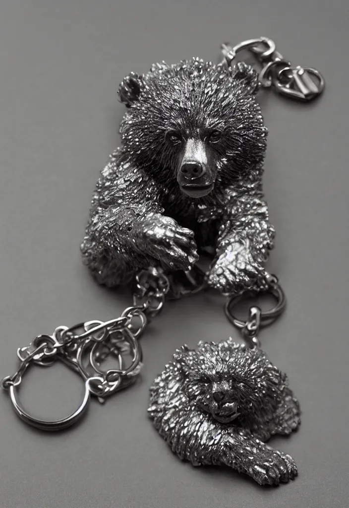 Image similar to a small crystalized bear keychain by greg rutkowski, sung choi, mitchell mohrhauser, maciej kuciara, johnson ting, maxim verehin, peter konig, 8 k photorealistic, cinematic lighting, hd, high details, dramatic, atmosphereric, trending on artstation