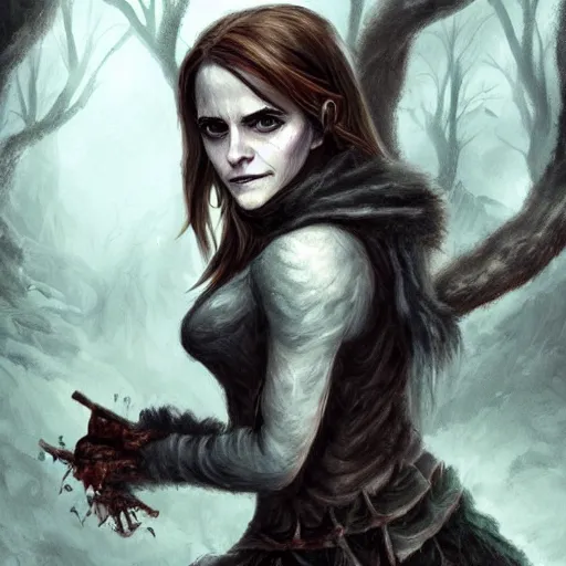 Image similar to emma watson as a goblin, dark forest, dnd art, fantasy art