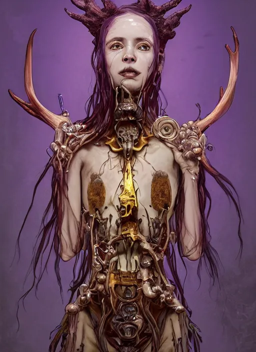 Prompt: portrait of a joyful ghost girl, golden robe, fangs , decaying bones, biomechanical, exposed bones, antlers, concept art, artstation, 4k, detailed, dramatic lighting, afternoon sun, purple liquid, alphonse mucha, syd mead, moebius, mohrbacher, tarot card, digital painting, artgerm, Hiroshi Yoshida