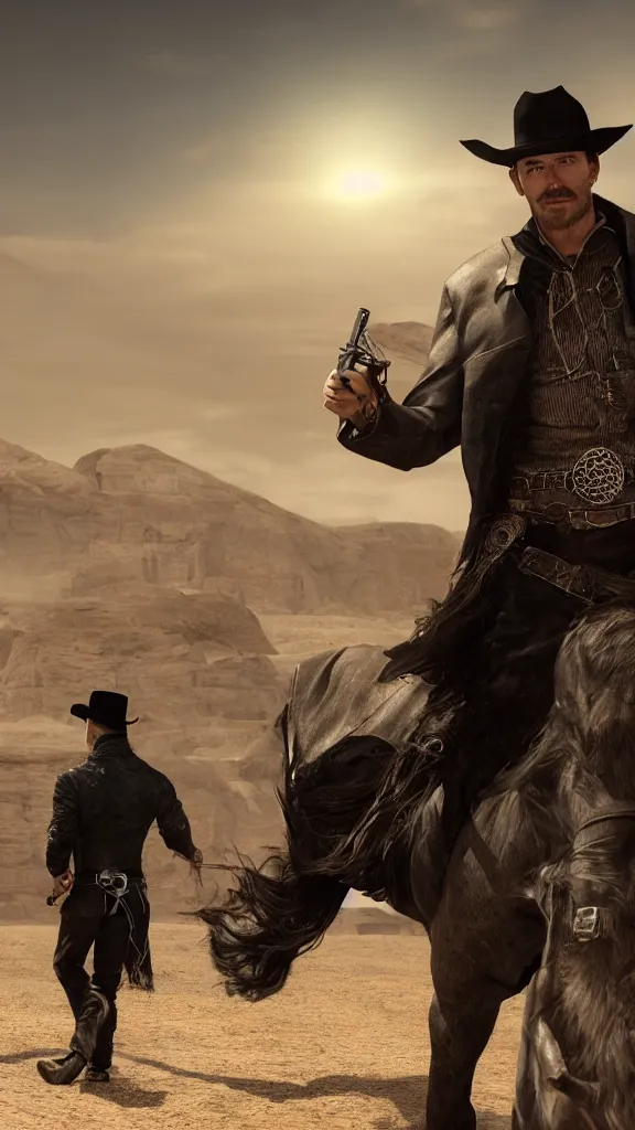 Image similar to the man in black fled aross the desert, and the gunslinger followed. hyperrealistic, photorealistic, concept art, fantasy art, wild west, cowboy, mystical, trending on artstation, digital illustration, cinematic lighting, 4 k, ultra hd, beautiful colors, highly detailed, octane render, unreal engine 5