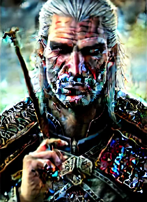 Image similar to closeup portrait shot of geralt of rivia smirking and holding cards, intricate, elegant, highly detailed, centered, digital painting, artstation, concept art, smooth, sharp focus, illustration, artgerm, tomasz alen kopera, peter mohrbacher, donato giancola, joseph christian leyendecker, wlop, boris vallejo