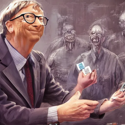 Image similar to bill gates holding a vaccine in his hand, body horror, by ralph steadman, feeling of grimdark, sharp focus, fiction, hyper detailed, digital art, trending in artstation, cinematic lighting, studio quality, smooth render, unreal engine 5 rendered, octane rendered, art style and nixeu and wlop and krenz cushart