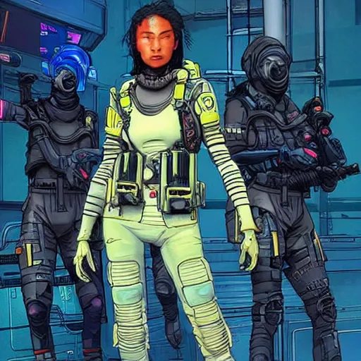 Prompt: Sonya. Apex legends cyberpunk feminist hacker. Concept art by James Gurney and Mœbius.