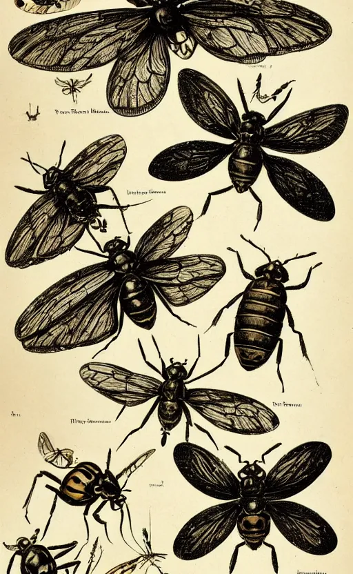 Image similar to a page of insects illustrations, 1 9 0 0 s, highly detailded