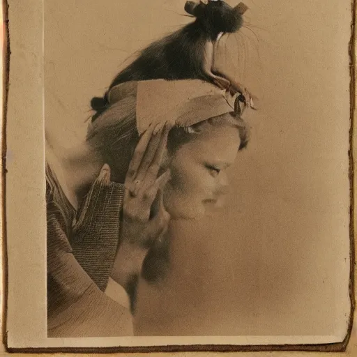 Image similar to a photograph of a rat sitting on the head of a beautiful Nordic-Indian woman. long shot, micro-details.