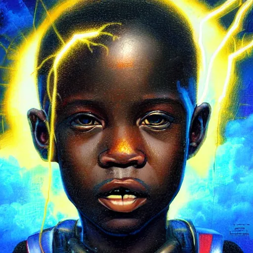 Prompt: upper half portrait of an african boy inside a group of clouds, mecha robots behind - surrounded by bolts of lightning with rays of light emanating from clouds - in drew struzan movie poster style, art by drew struzan, highly detailed, digital painting, ray tracing, illustration, smooth, sharp focus, intricate, symmetry, artstation,