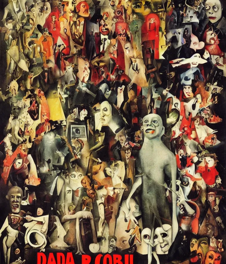 Prompt: Beautiful colorful Dada Horror Movie Poster made for the film Society (1989) starring mutant rich people, Dadaist!! collage and oil painting by George Grosz and Hieronymous Bosch, trending on artstation dramatic lighting dada collage 8k