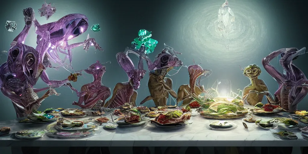 Image similar to !13 very diverse aliens enjoying a rich salad around a marble table, !positioned as last supper cinematic lighting, crystals and diamonds, fantasy, surreal, floating, highly detalied, 4k, artstation, by Wayne Barlowe