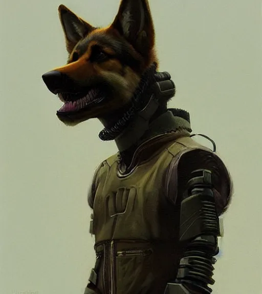 Image similar to new york city portrait of furry anthro anthropomorphic german shepard head animal person fursona wearing clothes strange cybernetic muzzle gloomy rainy cyberpunk digital art by Greg Rutkowski, Simon Stalenhag, christopher nolan trending on Artstation, CGSociety