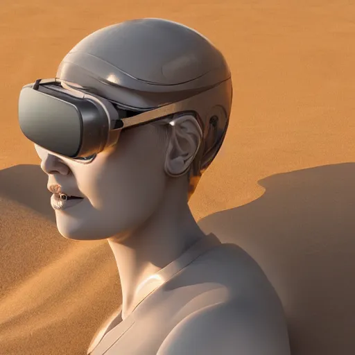 Image similar to the head of a marble cybernetic lady justice statue wearing a virtual reality headset on ground covered in sand, cyberpunk background, highly detailed, epic lighting, hyper photorealism, 8 k