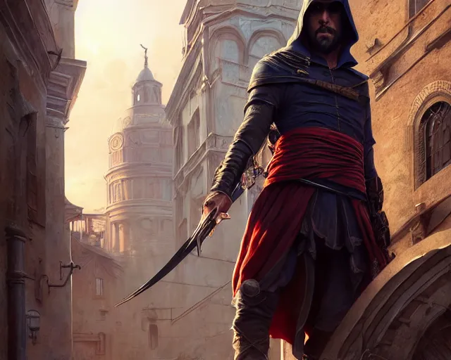 Prompt: highly detailed portrait of milo ventimiglia as an assassin, in assassin's creed 2, stephen bliss, unreal engine, fantasy art by greg rutkowski, loish, rhads, ferdinand knab, makoto shinkai and lois van baarle, ilya kuvshinov, rossdraws, tom bagshaw, global illumination, radiant light, detailed and intricate environment