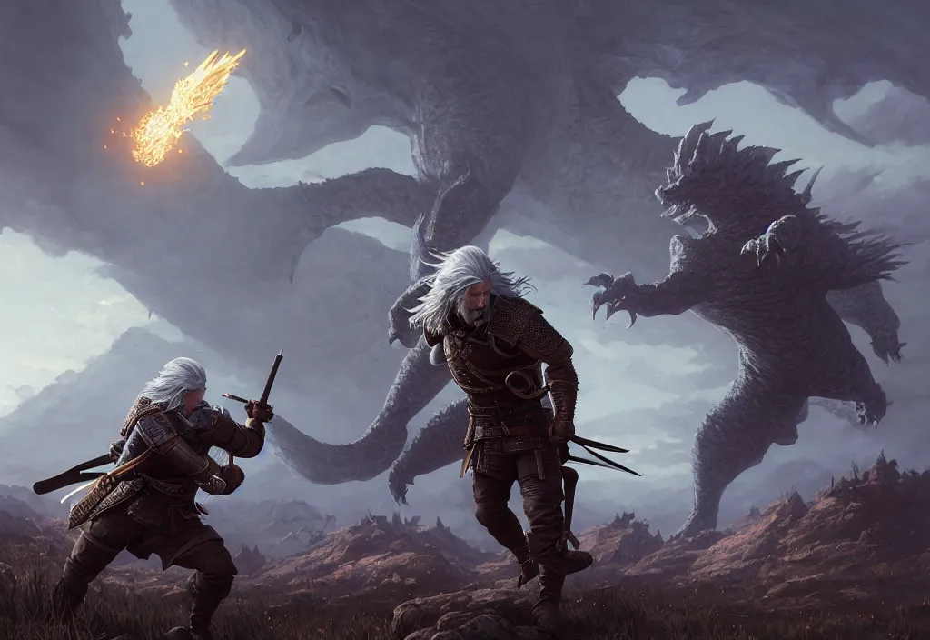 Prompt: Highly detailed Geralt of Rivia fighting a kaiju, Stephen Bliss, unreal engine, fantasy art by Greg Rutkowski, Loish, Rhads, ferdinand knab, Makoto Shinkai and Lois van baarle, ilya kuvshinov, rossdraws, Tom Bagshaw, alphonse mucha, global illumination, radiant light, detailed and intricate environment