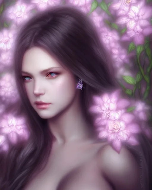 Image similar to dark angel surrounded by dark flowers and diamonds, very detailed, realistic face, detailed face, matte, tonemapping, bbwchan, perfection, 4 k, cushart krenz