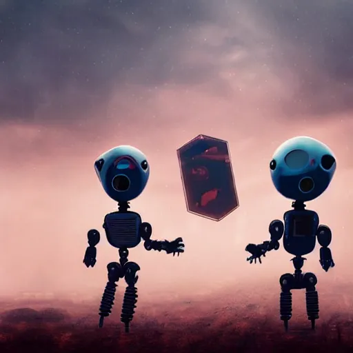 Prompt: 2 robots holding hands while watching the apocalypse, cinematic, 4k