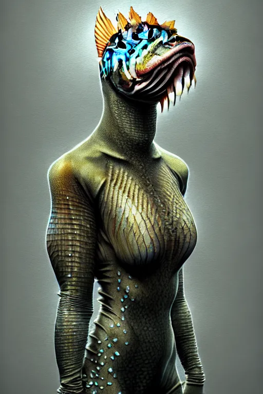 Prompt: epic professional digital art of female human - fish hybrid animal wearing air force jumpsuit, humanoid scaly fish head, fish mouth, painting, by leesha hannigan, iris van herpen, artstation, cgsociety, wlop, epic, much wow, much detail, gorgeous, detailed, cinematic, masterpiece