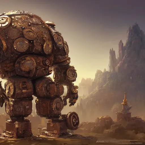 Image similar to a Steam powered mechanical golem, forward facing angle, studio background, concept art, character design, stunning 3d render , art by Tooth Wu and riot studios, 8k octane beautifully detailed render, post-processing, extremely hyperdetailed, intricate complexity, masterpiece, trending on artstation