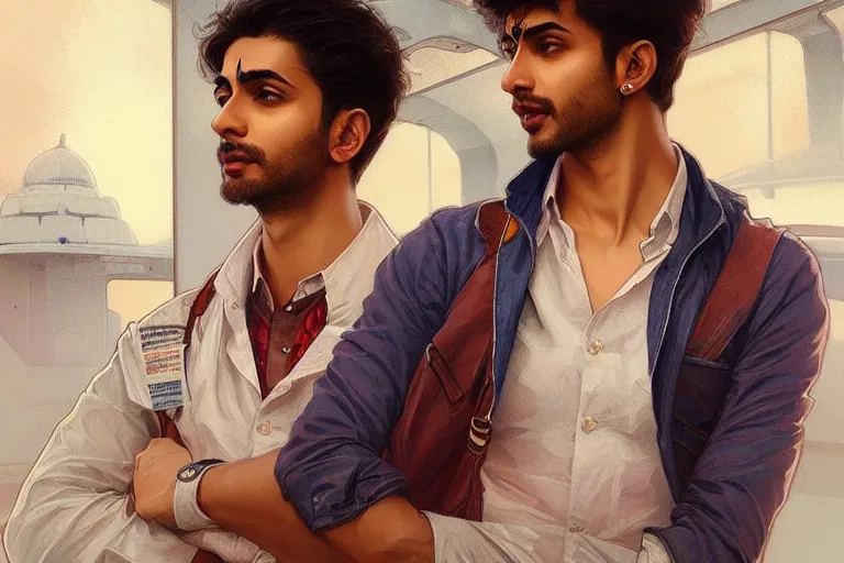 Prompt: Optimistic good looking pale young Indian doctors wearing jeans at the airport, portrait, elegant, intricate, digital painting, artstation, concept art, smooth, sharp focus, illustration, art by artgerm and greg rutkowski and alphonse mucha