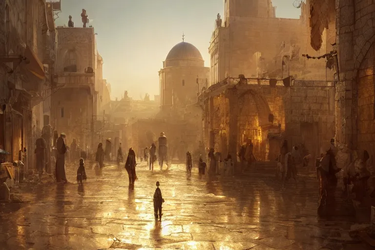 Prompt: robotic futristic jerusalem city, matte painting, long shot, concept art, wide shot, digital art, trending on artstation, 4 k, extremely detailed, realistic, midday, warm colors, golden sunlight, by greg rutkowski, cinematic, epic