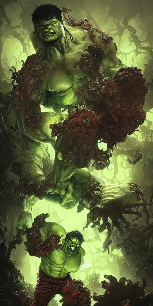 Prompt: zombie incredible hulk, fantasy, intricate, highly detailed, digital painting, artstation, concept art, smooth, sharp focus, illustration, art by artgerm and greg rutkowski and alphonse mucha