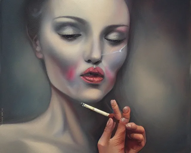 Prompt: a painting of a woman smoking a cigarette, an airbrush painting by marco mazzoni, featured on cgsociety, pop surrealism, airbrush art, smokey background, made of mist