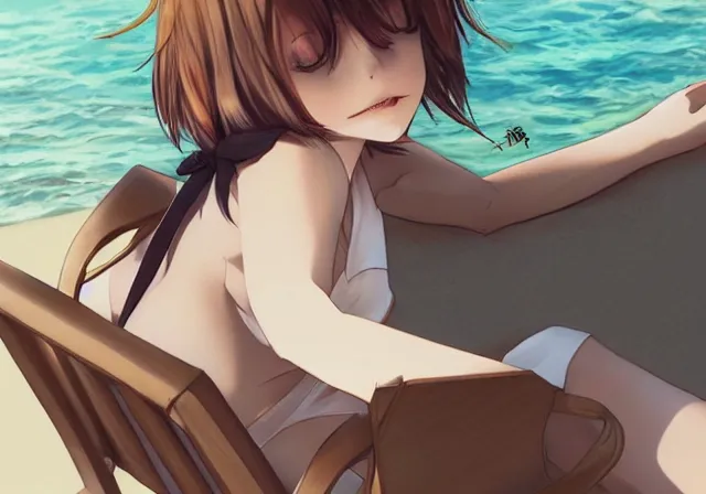 Image similar to A girl with short brown hair, wearing a white blouse, laying on a beach chair, drawn by WLOP, by Avetetsuya Studios, attractive character, colored sketch anime manga panel, trending on Artstation