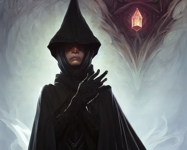 Prompt: black mage ( final fantasy series ), shrouded face, deep focus, d & d, fantasy, intricate, elegant, highly detailed, digital painting, artstation, concept art, matte, sharp focus, illustration, hearthstone, art by artgerm and greg rutkowski and alphonse mucha