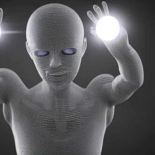 Prompt: translucide cyborg clapping his hands. hyperrealistic 3 d light shining through