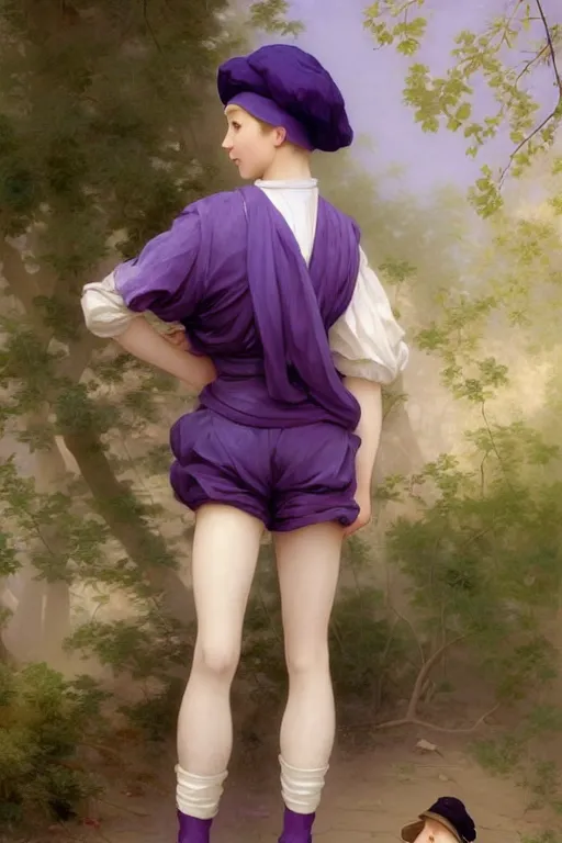 Image similar to Full View girl with short blond hair wearing an oversized purple Beret, Baggy Purple overall shorts, Short Puffy pants made of silk, silk shoes, a big billowy scarf, Golden Ribbon, and white leggings Covered in stars. Short Hair. masterpiece 4k digital illustration by Ruan Jia and Mandy Jurgens and Artgerm and william-adolphe bouguereau, award winning, Artstation, art nouveau aesthetic, Alphonse Mucha background, intricate details, realistic, panoramic view, Hyperdetailed, 8k resolution, intricate art nouveau