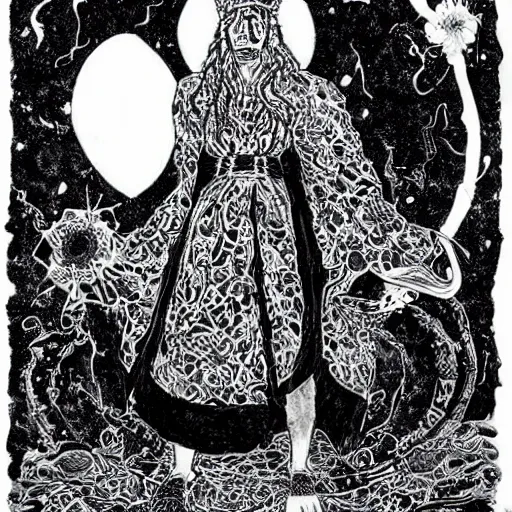 Image similar to black and white pen and ink!!!!!!! Suprani!!!!! wizard Nick Drake wearing High Royal flower print robes flaming!!!! final form flowing ritual royal!!! Cosmic battle stance Vagabond!!!!!!!! floating magic swordsman!!!! glides through a beautiful!!!!!!! Camellia!!!! Tsubaki!!! death-flower!!!! battlefield behind!!!! dramatic esoteric!!!!!! Long hair flowing dancing illustrated in high detail!!!!!!!! by Hiroya Oku!!!!!!!!! graphic novel published on 2049 award winning!!!! full body portrait!!!!! action exposition manga panel black and white Shonen Jump issue by David Lynch eraserhead and beautiful line art Hirohiko Araki!! Frank Miller, Kentaro Miura!, Jojo's Bizzare Adventure!!!! 3 sequential art golden ratio technical perspective panels horizontal per page