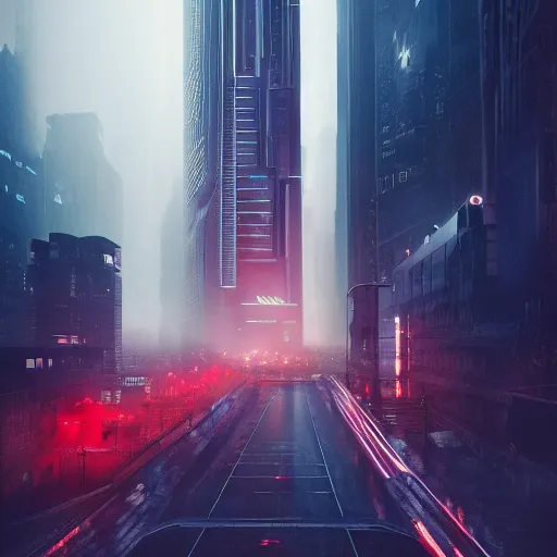 Image similar to in a city with a rich history, the huge building stands in the middle, the road is full of ghosts, blade runner 2 0 4 9, highly detailed, cinematic landscape ， foggy ， octane render ， trending on behance,