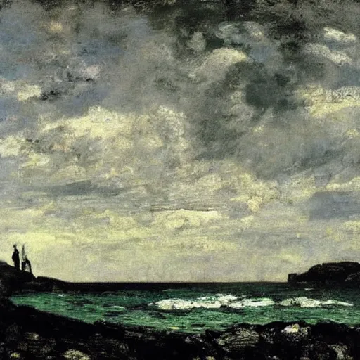 Image similar to Politics aside, a common view of late Courbet is that he became a kind of ''official'' realist painter, increasingly concentrating on inoffensive landscapes and seascapes for a bourgeois clientele.