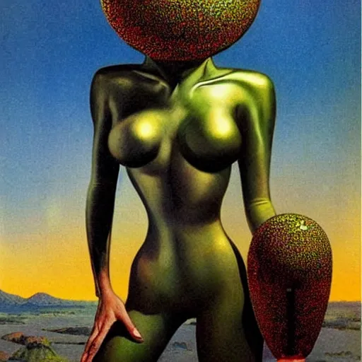 Image similar to beautiful alien extraterrestrial species female babe, in a tight fitting silver metallic bikini spacesuit, bare midriff, big silver head with eyestalk antennae, eyeballs on stalk antennae, green skinned, big black almond shaped alien eyes, volcanic background, by Mort Kunstler and Gil Elvgren