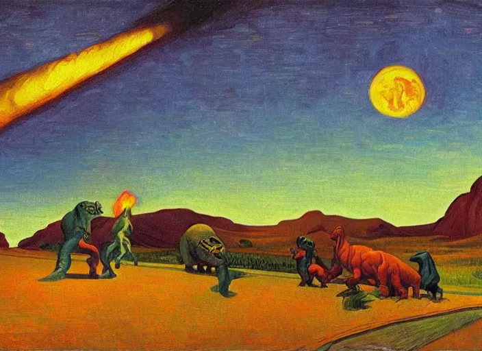 Image similar to painting of the extinction of the dinosaurs with asteroid and fire, in the style of edward hopper and vincent van gogh, dramatic lighting at dusk