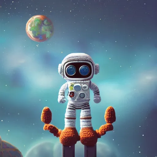 Image similar to cute robot crochet astronaut traveling alone on a yarn planet. shot from behind, cute, illustration, digital art, inspired by little big planet, by greg rutkowski, detailed, sharp, masterpiece, highly detailed, photorealistic, octane render, 8 k, unreal engine 5, trending on artstation, cinematic