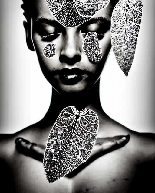 Image similar to black and white dreamy spiritual female water - insect - cyborg high quality portrait photo, microchip leaves, artificial intelligence, cinematic, rim light, photo - realistic, elegant, high detail, 8 k, masterpiece, high fashion, in the style of man ray