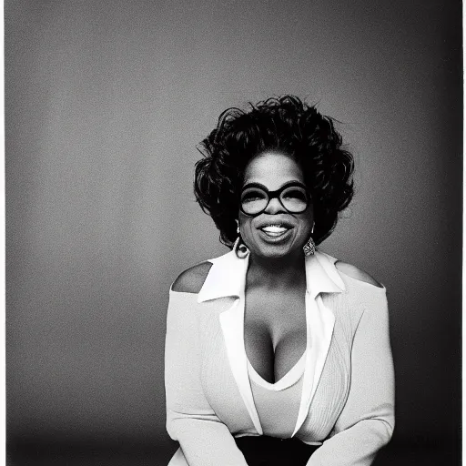 Image similar to oprah winfrey standing on the head of a midget, studio portrait, 3 5 mm