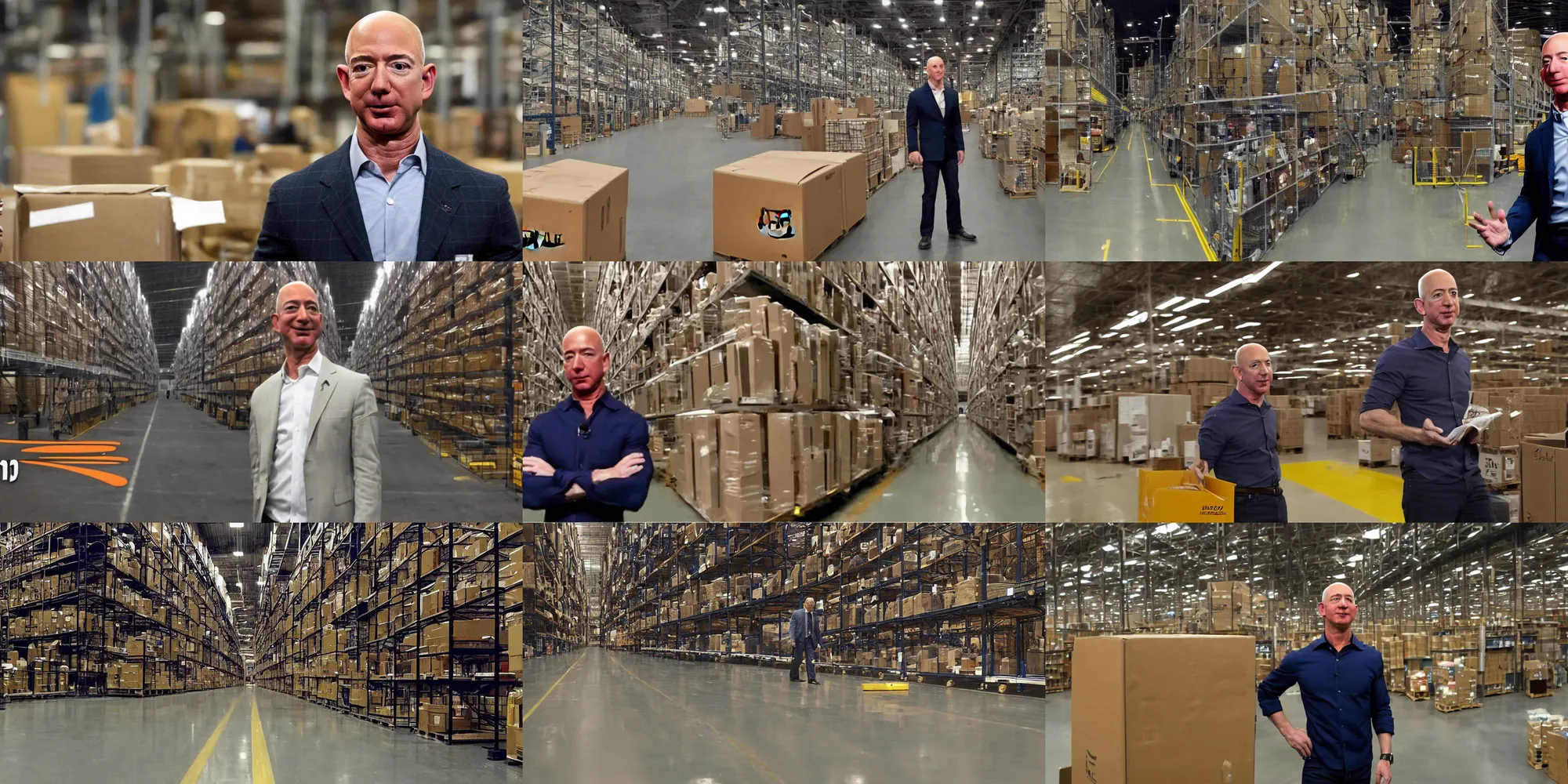 Prompt: jeff bezos traped in an amazon warehouse horror movie still, film grain