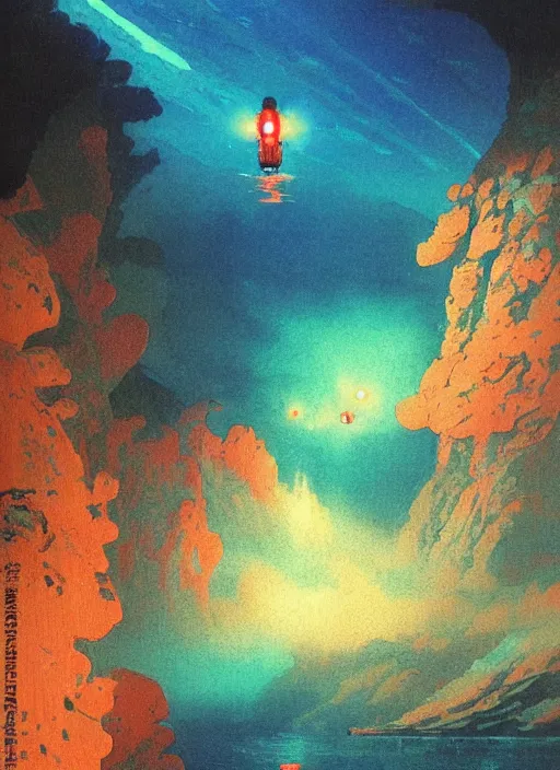 Prompt: vintage anime cinematic robot fish spotted with colorful mini LED lights emerging from lush coral reef cave mountain by Ivan Aivazovsky, watercolor concept art by Syd Mead, by william herbert dunton, watercolor strokes, japanese woodblock, by Jean Giraud
