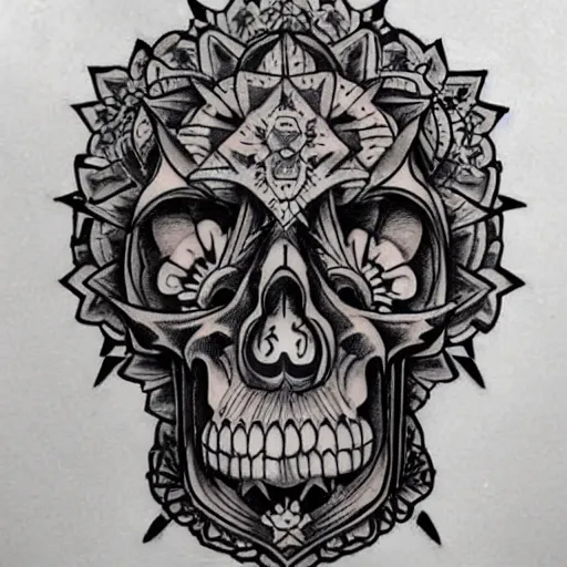 Image similar to tattoo design, stencil, tattoo stencil, traditional, a world famous tattoo of a geometric skull