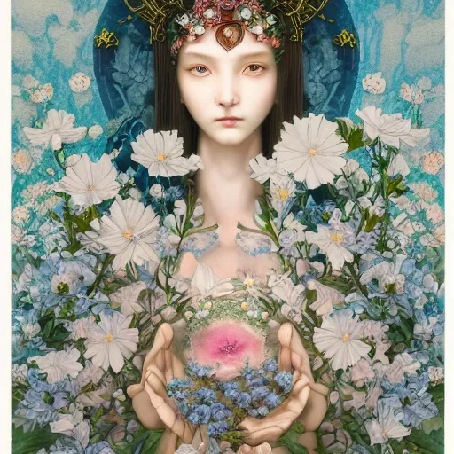 Image similar to breathtaking detailed concept art painting of the goddess of nemophila flowers, orthodox saint, with anxious, piercing eyes, ornate background, amalgamation of leaves and flowers, by Hsiao-Ron Cheng, James jean, Miho Hirano, Hayao Miyazaki, extremely moody lighting, 8K